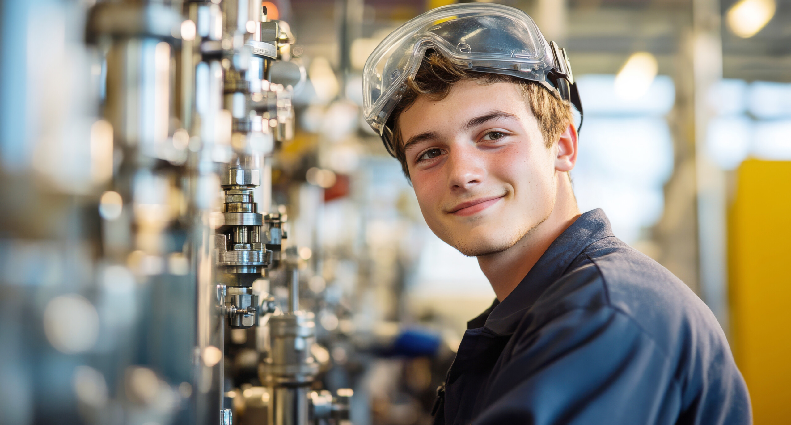 Confident young engineer in safety glasses and hardhat posing in