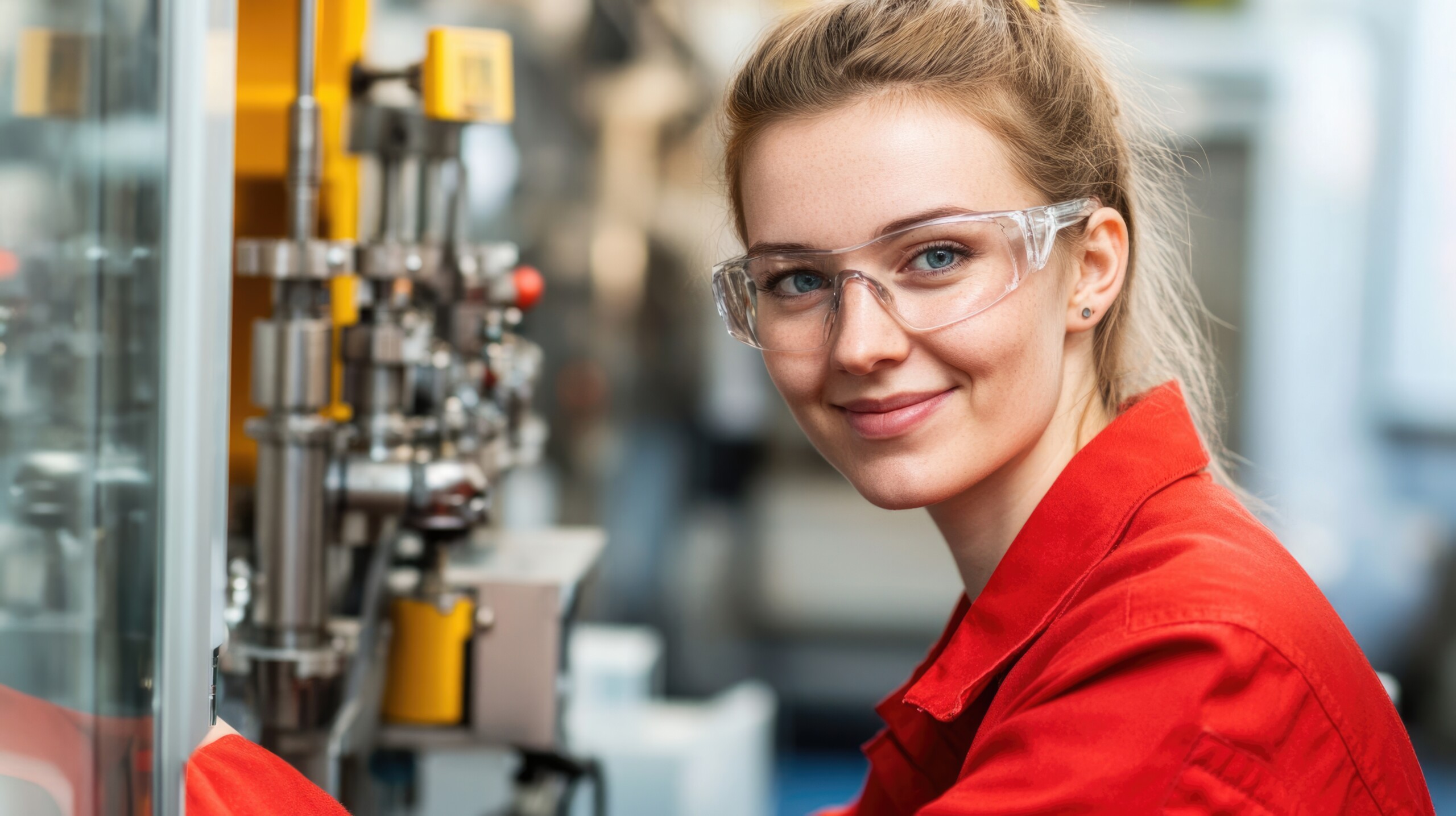 Workforce dedication: portrait of young factory worker, showcasing grit and perseverance of a girl in heart of production, emphasizing her role within machinery, industrial environment.