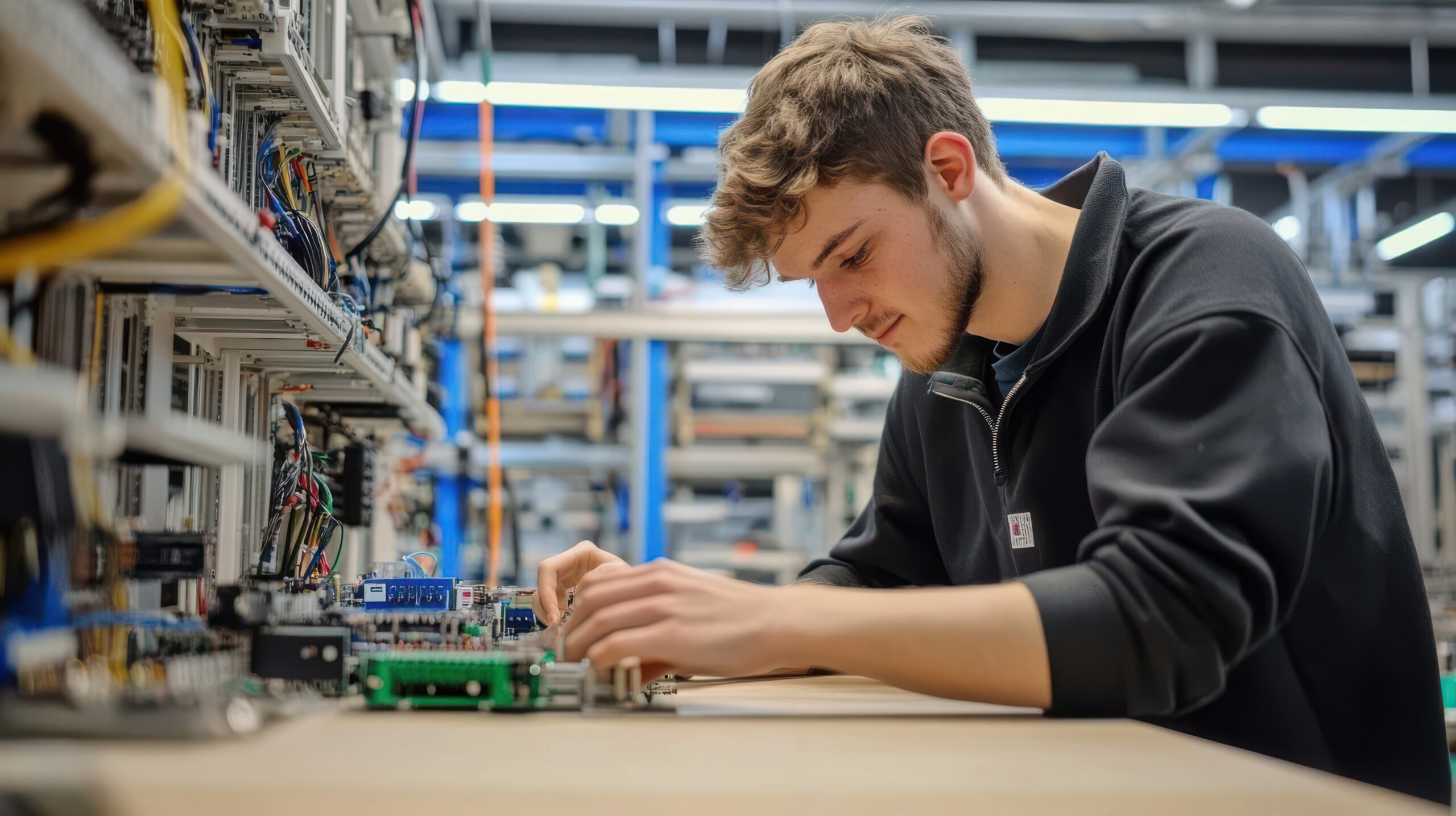 Young apprentice working on electronic circuit boards in a workshop